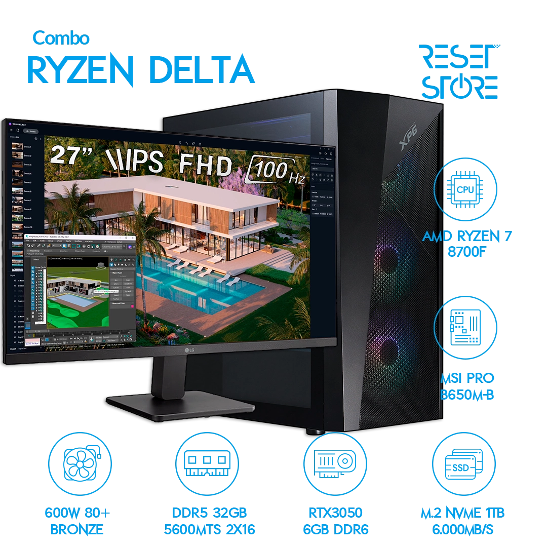 Combo Ryzen Delta R7 8700F + RTX3050 + Led 27″