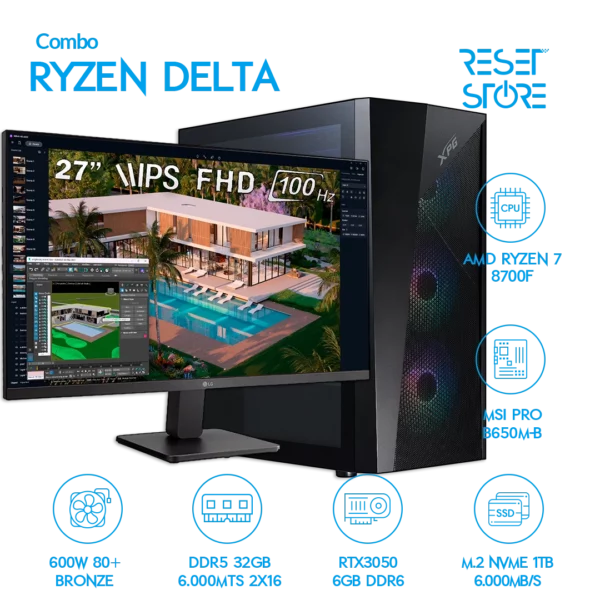 Combo Ryzen Delta R7 8700F + RTX3050 + Led 27″